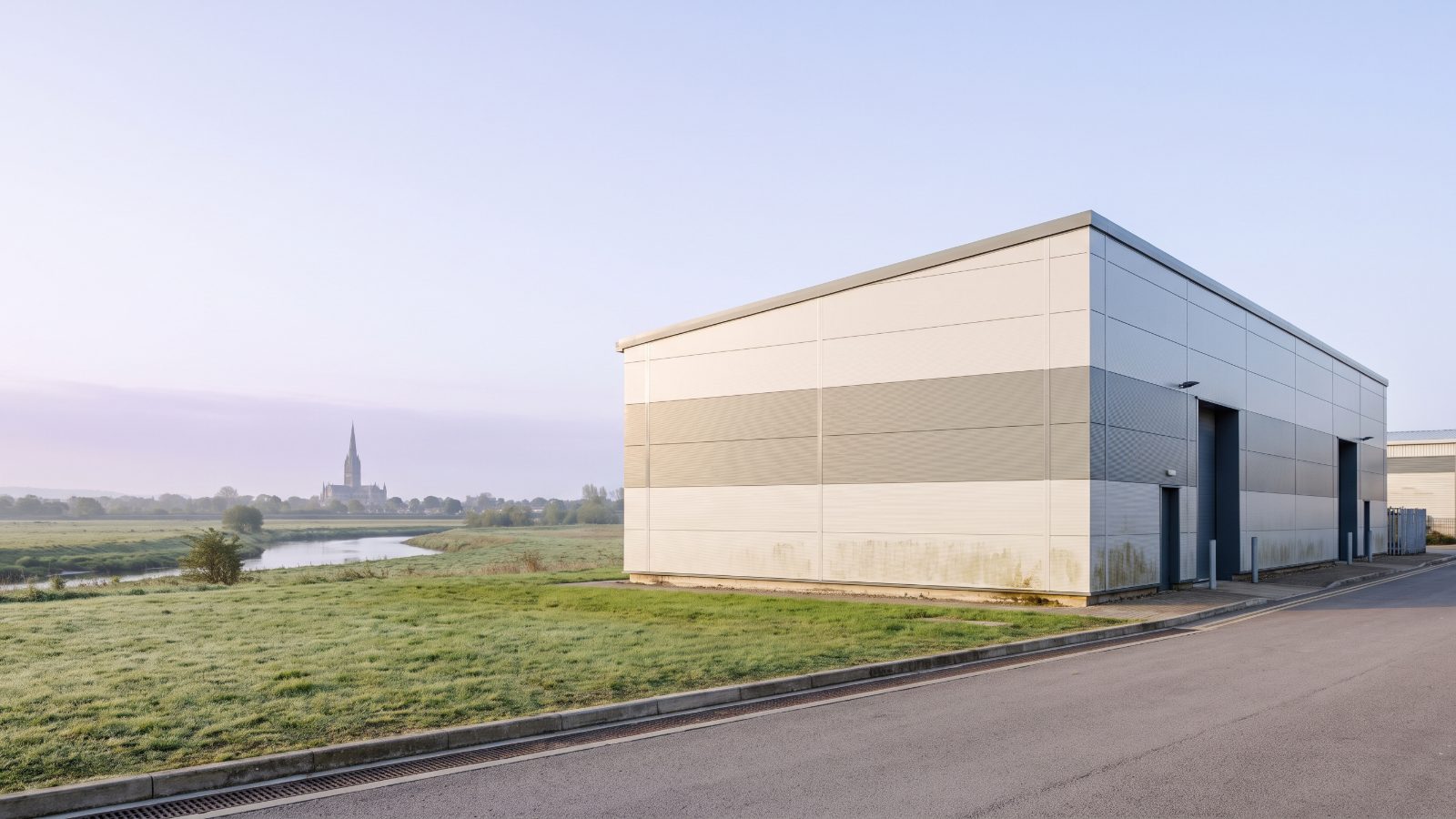 A modern warehouse with pale cladding beside meadowland, a cathedral tower.