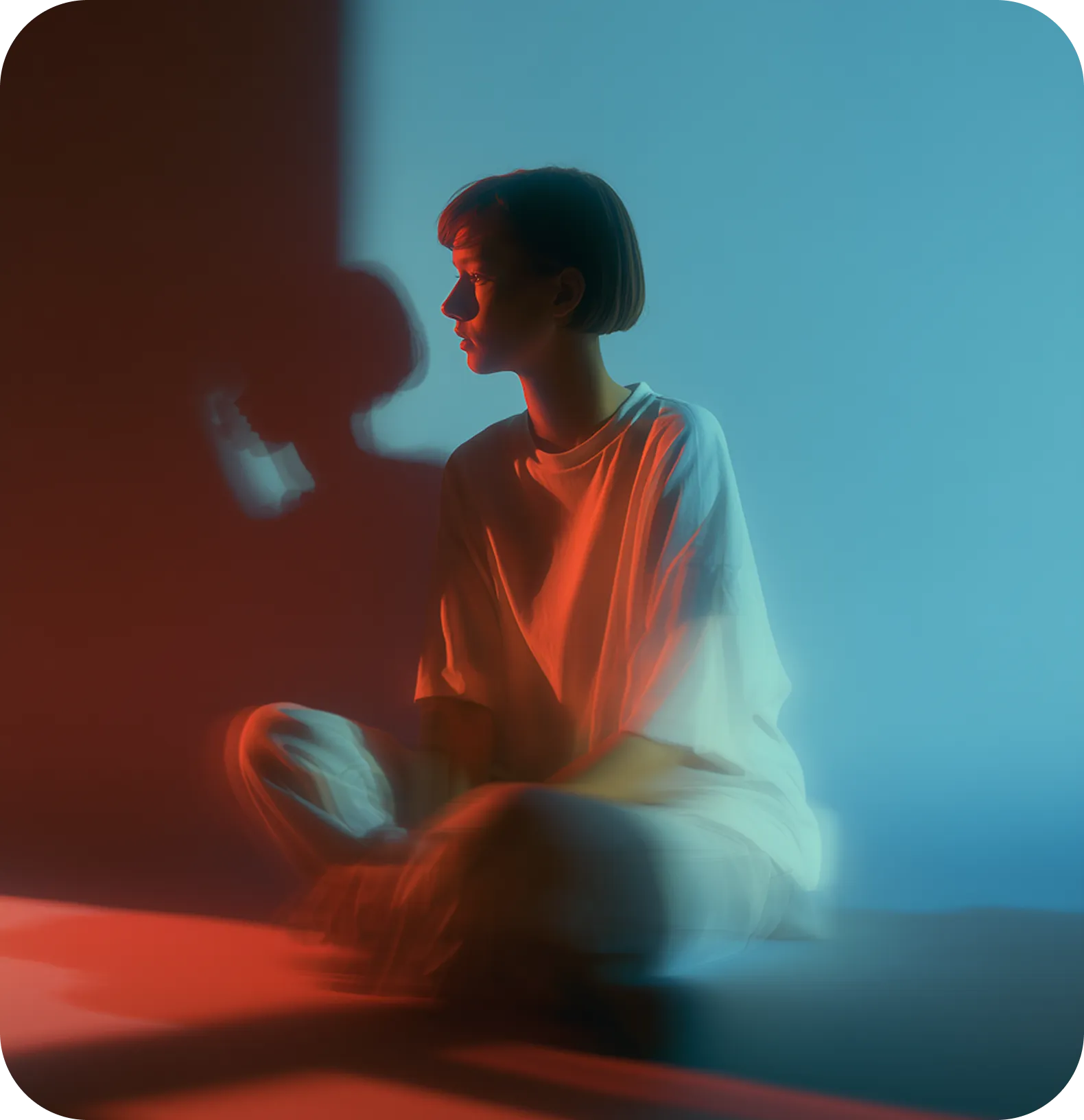 Person with short hair sitting cross-legged, illuminated by red and blue lighting creating a shadow on the wall.