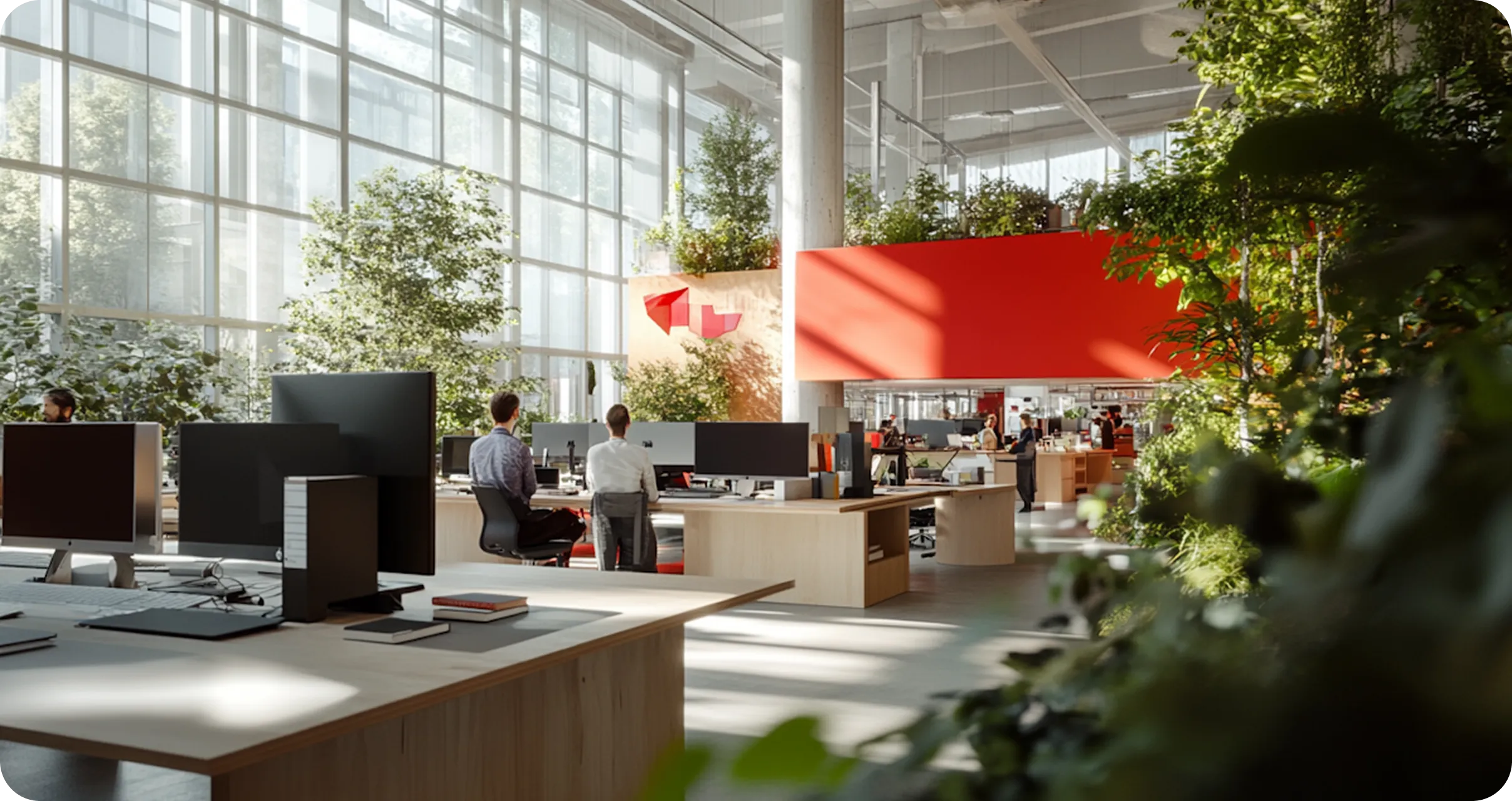 Modern open-plan office with large windows, wooden desks, computer workstations, and abundant greenery.