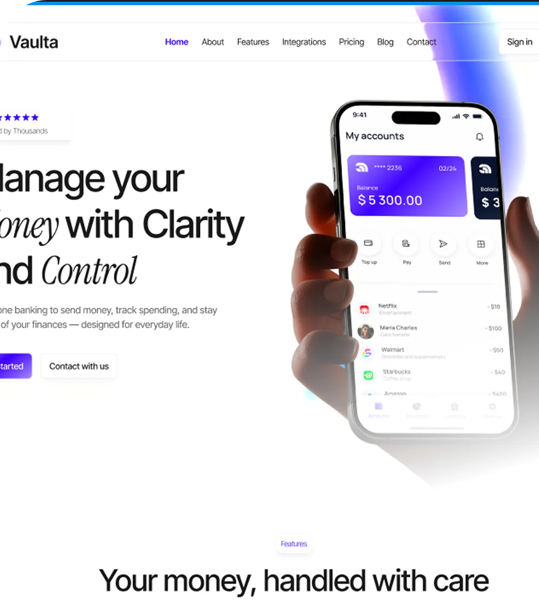 Smartphone displaying a banking app with account balance of $5300 and recent transactions, held by a hand.