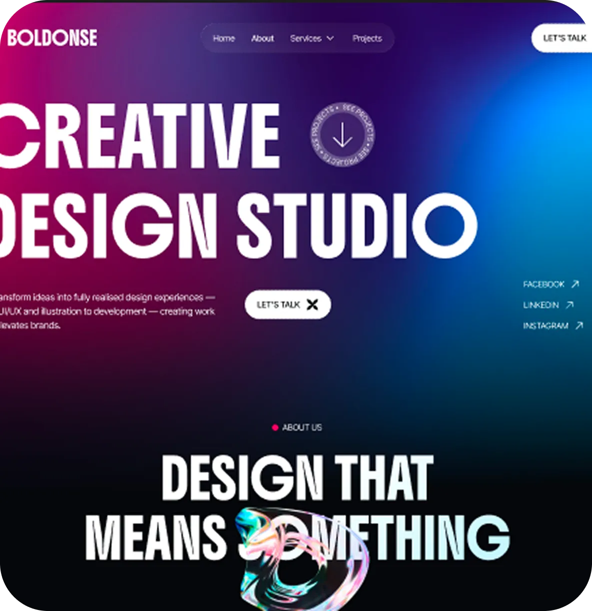 Website homepage with colorful gradient background, featuring text 'Creative Design Studio' and 'Design That Means Something' with a swirling colorful design element.