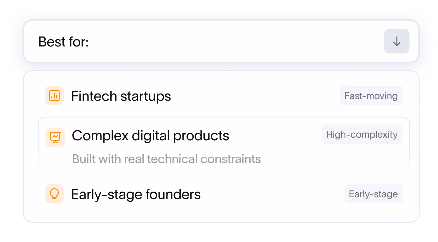 Mockup card showing who MVP development is best for: fintech startups, complex digital products, and early-stage founders