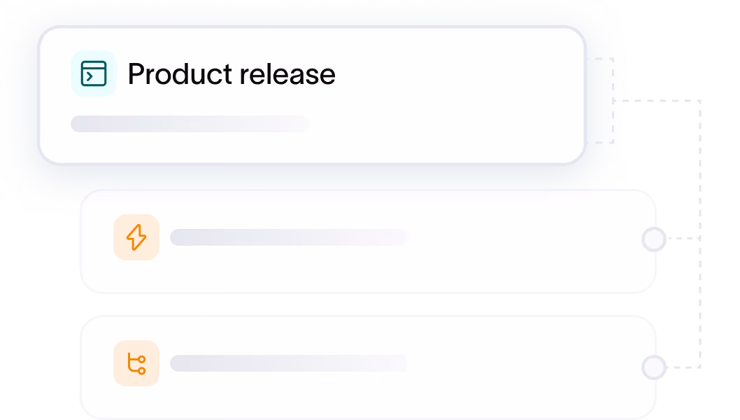 UI mockup card labeled "Product release" connected to lightning and integration icon nodes