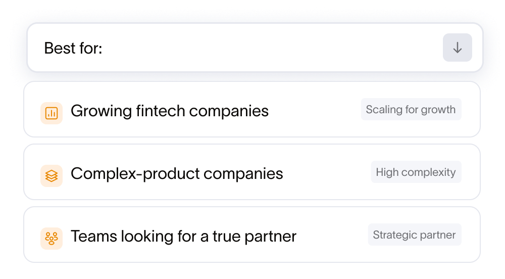 Mockup card showing who MVP development is best for: fintech startups, complex digital products, and early-stage founders