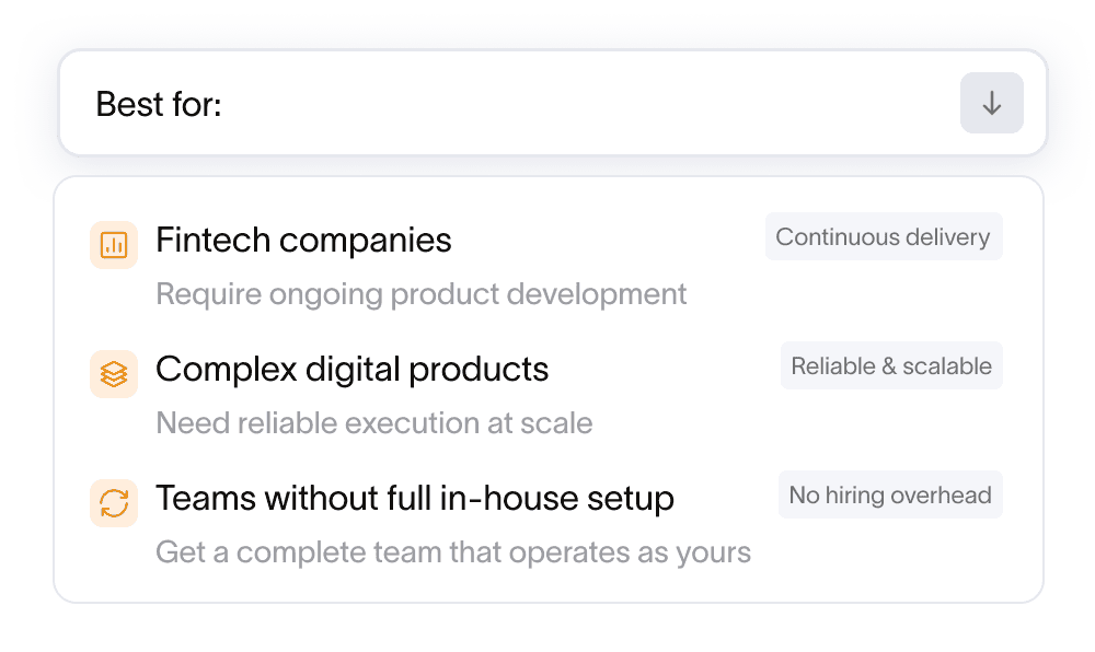 Mockup card showing who MVP development is best for: fintech startups, complex digital products, and early-stage founders