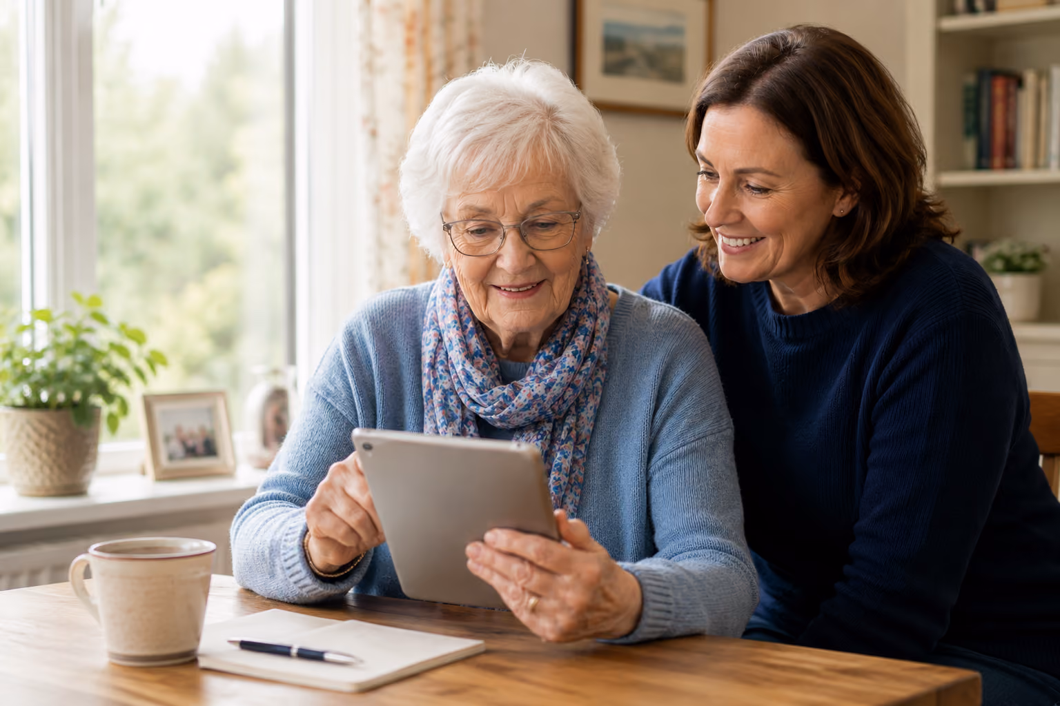 Senior woman and middle-aged woman smiling while using tablet at a wooden table near a window.
