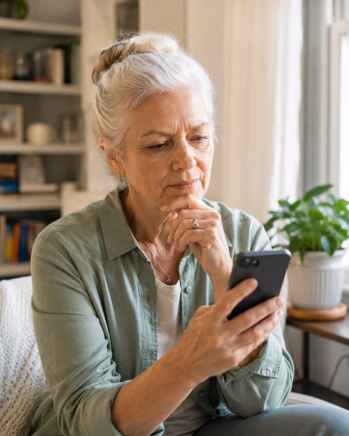 Elderly woman in green shirt sitting and thoughtfully looking at a smartphone indoors.