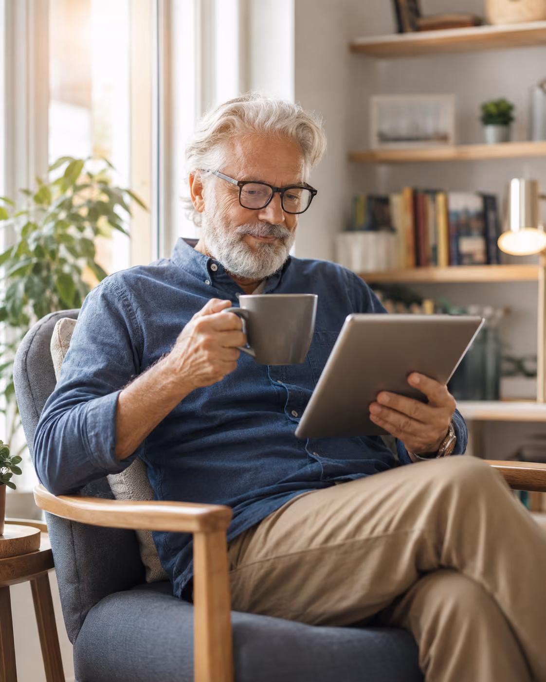 Older man with glasses sitting in armchair holding a mug and reading a tablet in a cozy room.