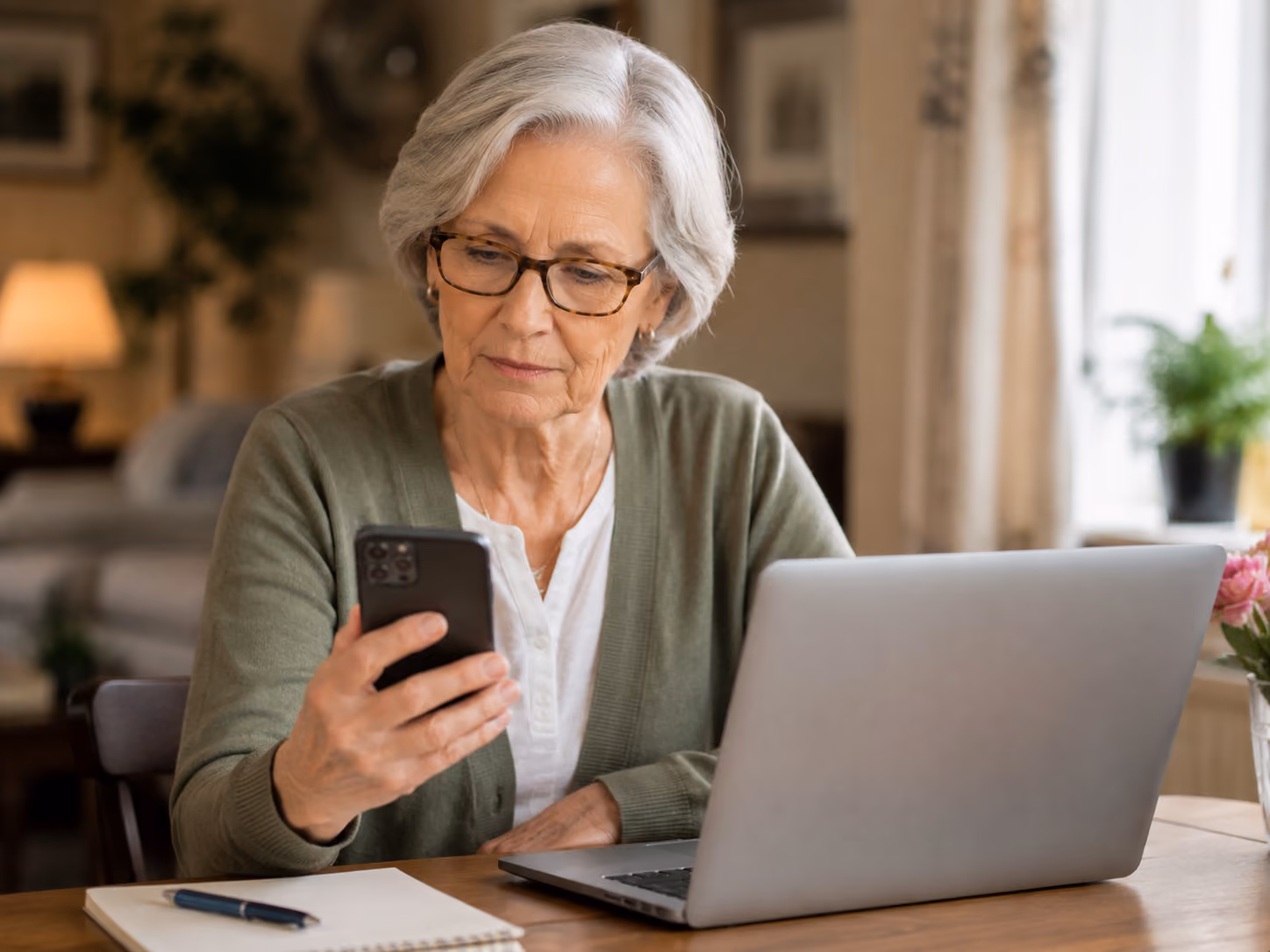Older woman wearing glasses using smartphone at table with laptop and notebook.