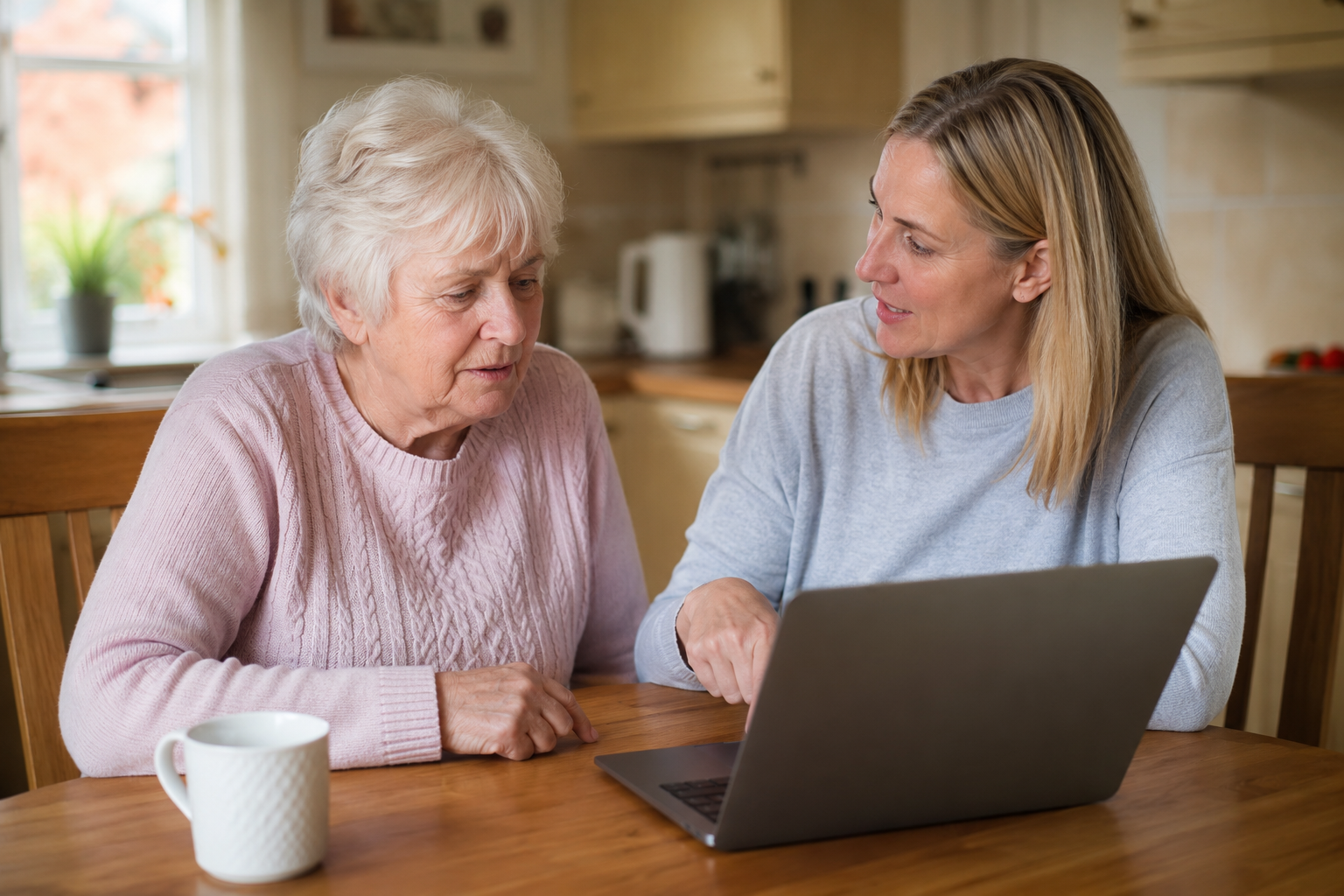Older woman and younger woman at a table looking at a laptop, discussing something in a kitchen.