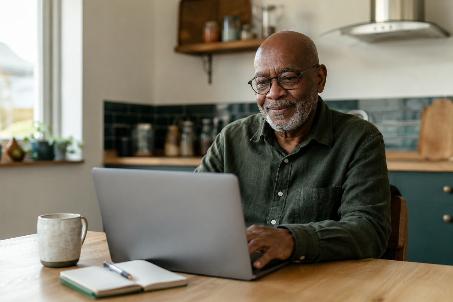 Smiling older man wearing glasses working on a laptop in a kitchen with a notebook and mug on the table.