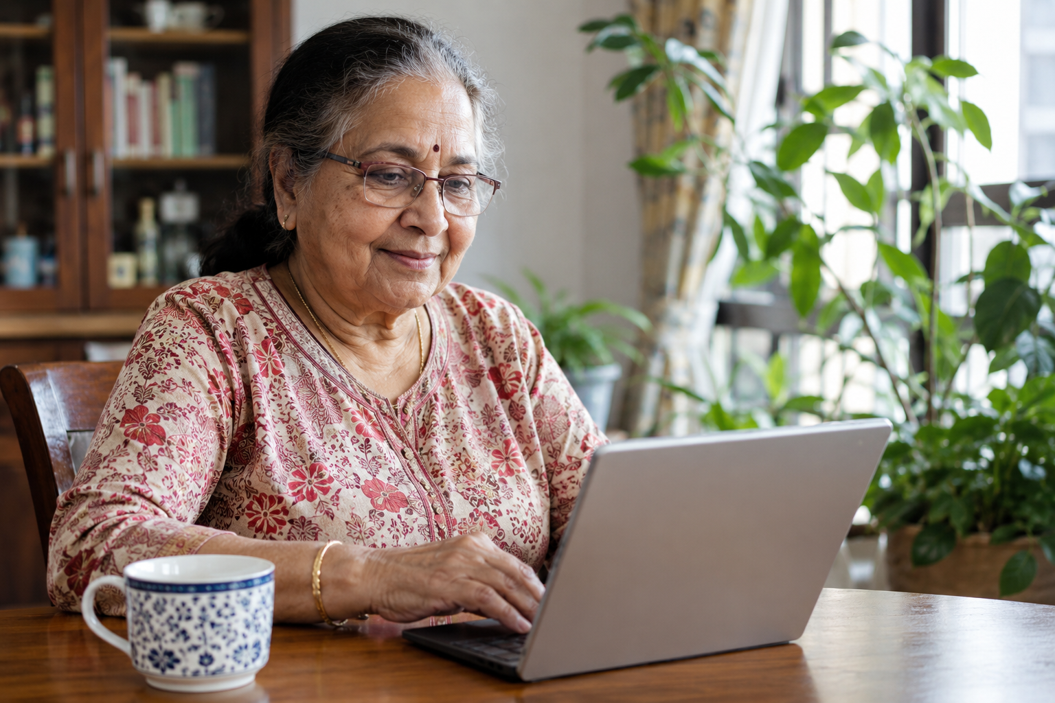 Elderly woman wearing glasses and a floral top typing on a laptop at a wooden table with a cup nearby.