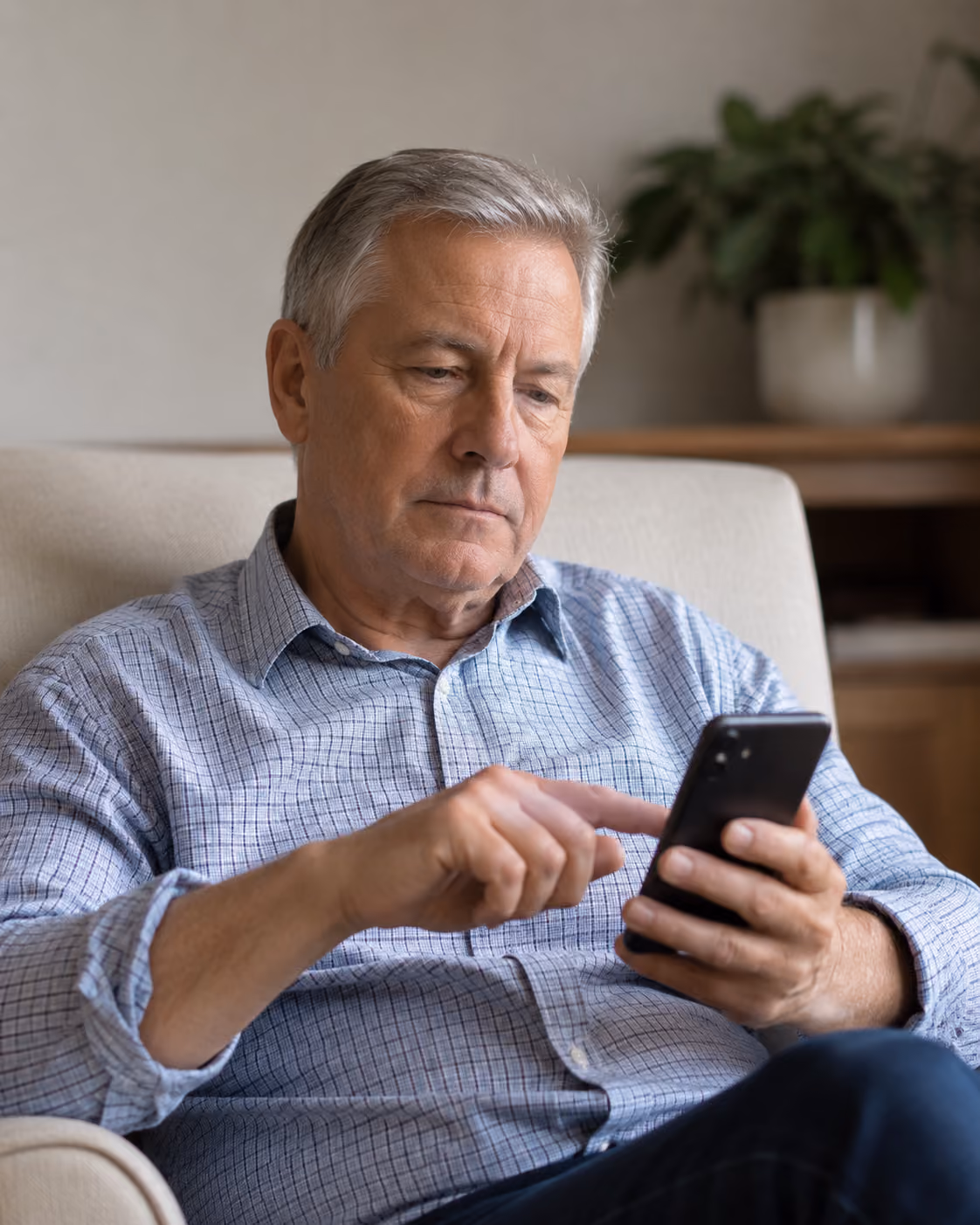 Older man in a checked shirt sitting and using a smartphone indoors with a plant in the background.