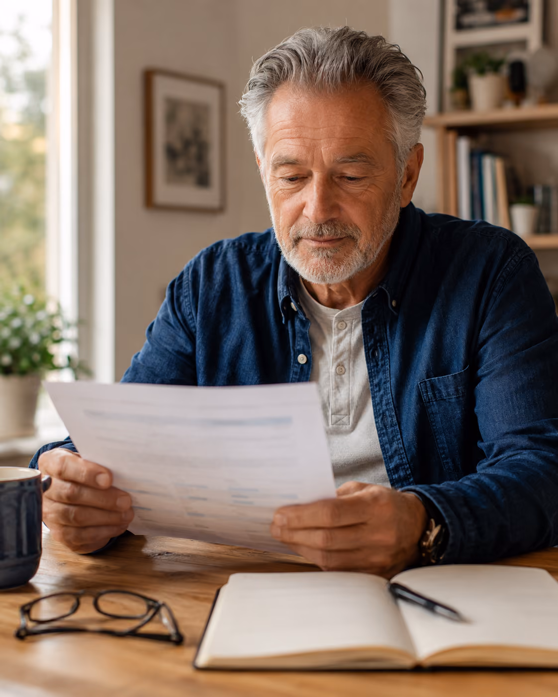 Older man sitting at a wooden table reading a document with a notebook, pen, and glasses nearby.