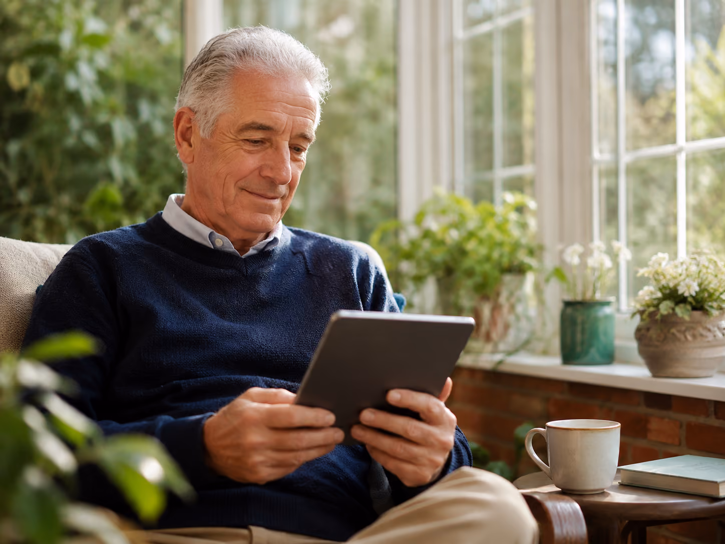 Elderly man sitting on couch near windows, reading a tablet, with plants and coffee cup nearby.