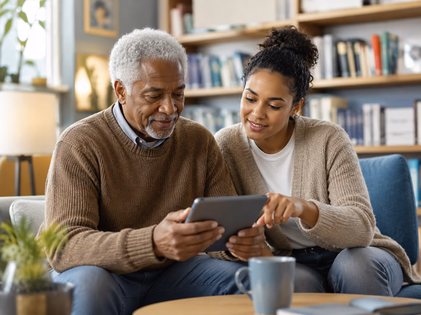 Older man and young woman sitting on couch looking at tablet together and smiling.