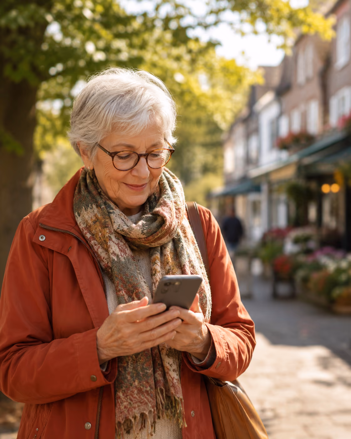 Older woman wearing glasses and scarf looks at smartphone while walking outdoors on a sunny day.