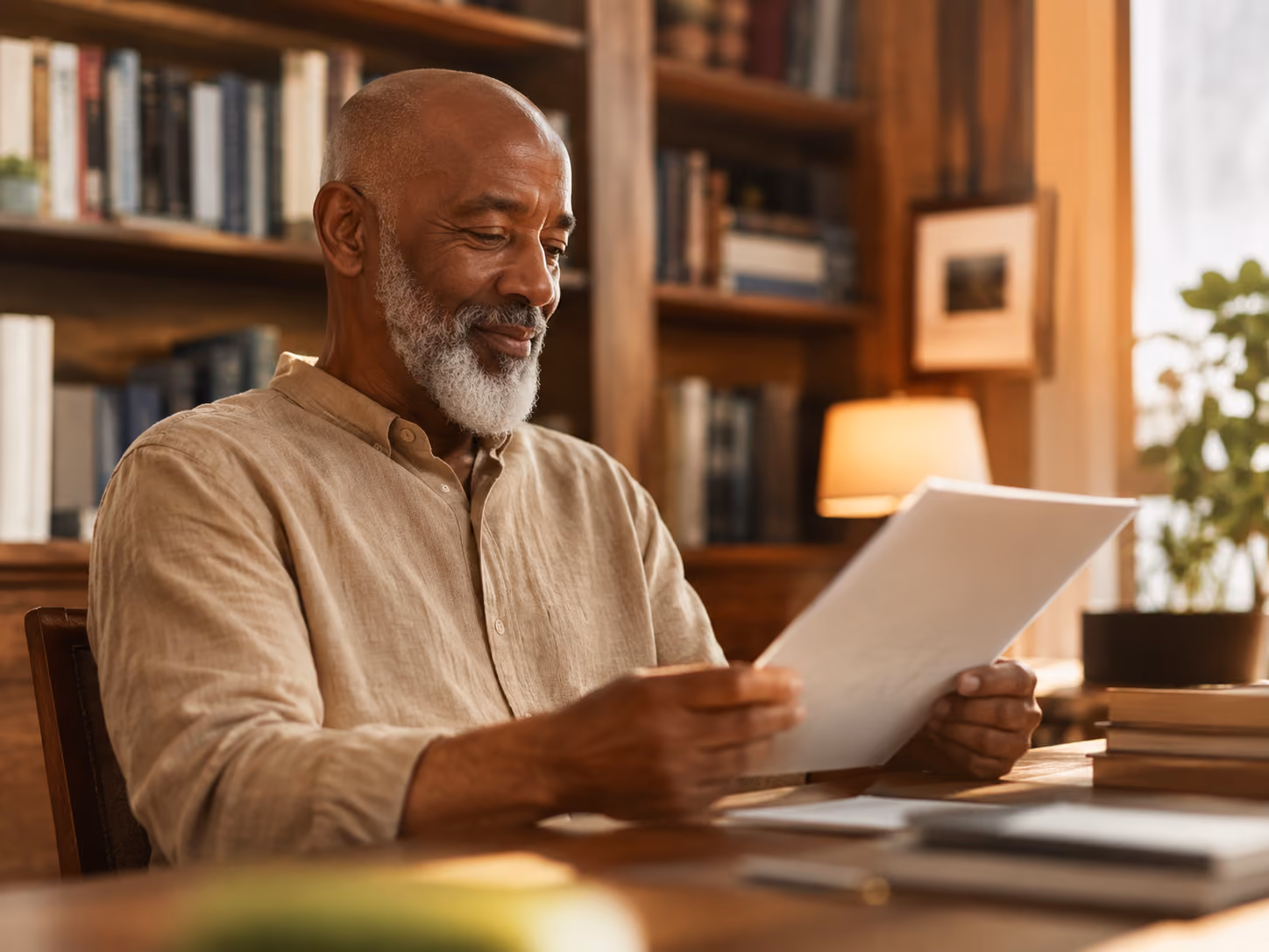 Older man with white beard sitting at a wooden desk reading papers in a warm, book-filled room.