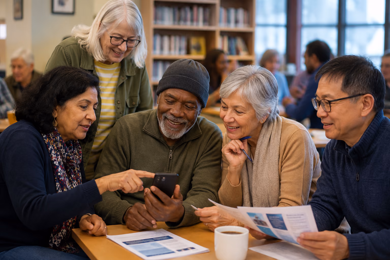 Five diverse seniors gathered around a table, looking at a smartphone and papers, smiling and engaged.