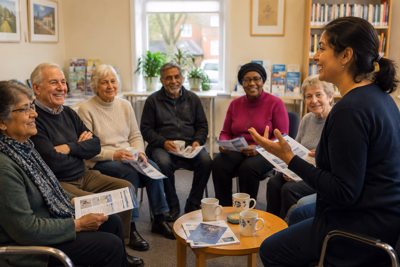 Group of older adults seated in a circle smiling and holding papers, with a woman speaking to them.