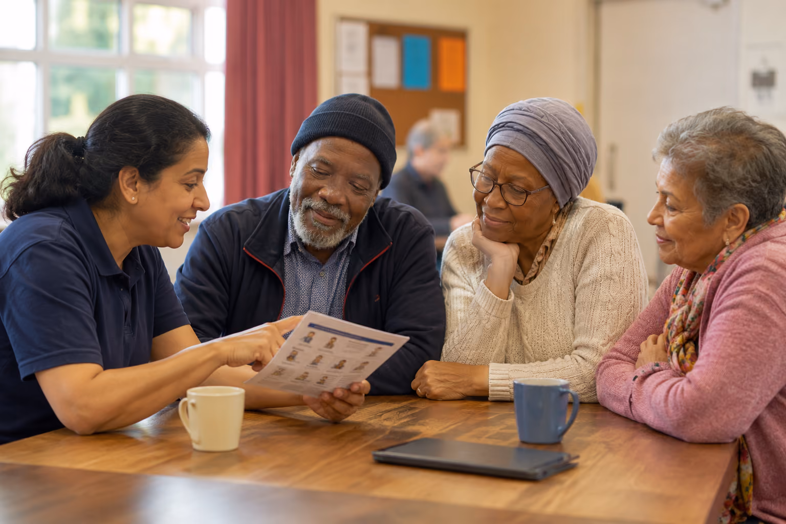 A woman explains a document to three elderly adults sitting at a table with coffee mugs and a laptop.
