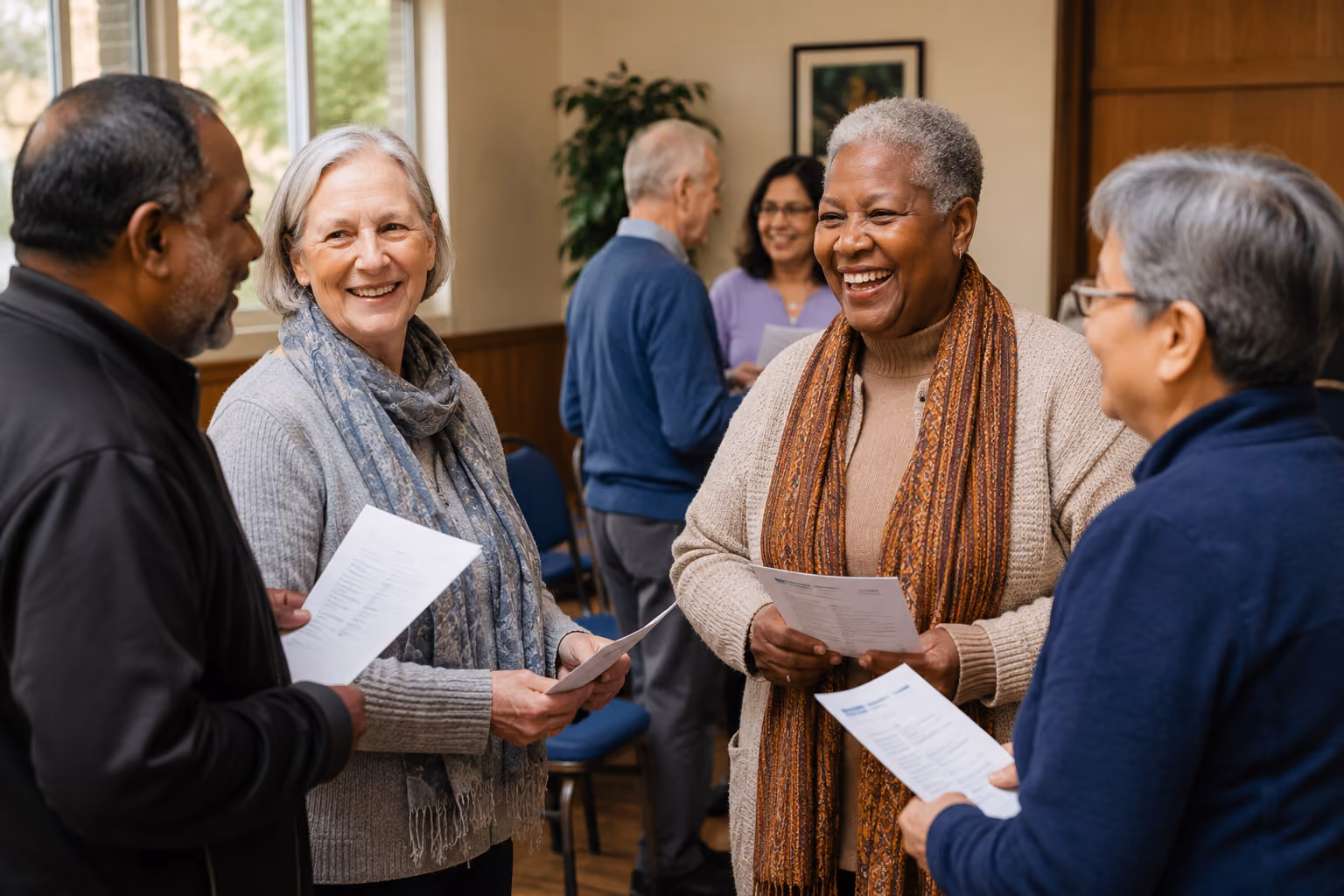 Group of older adults smiling and holding papers while socializing indoors.