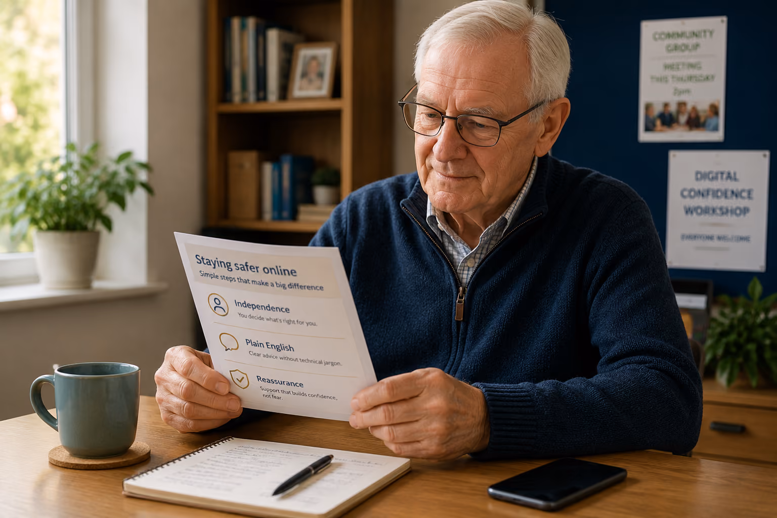 Elderly man reading a leaflet titled 'Staying safer online' with safety tips at a wooden table.