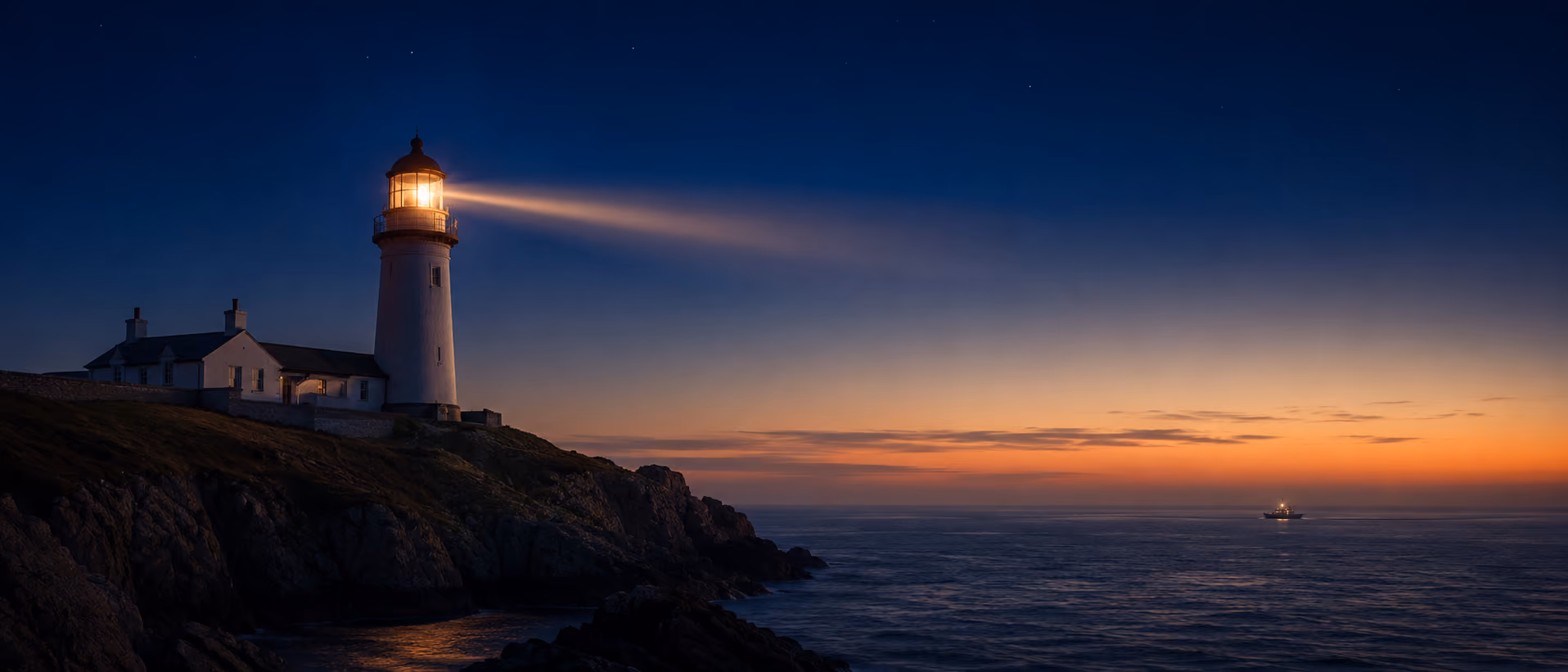 Lighthouse on rocky cliff casting light over ocean at dusk with boat in distance and starry sky.