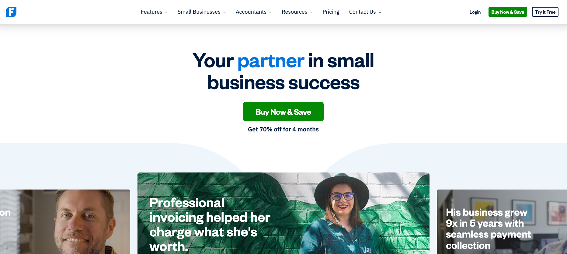 FreshBooks homepage: Your partner in small business success