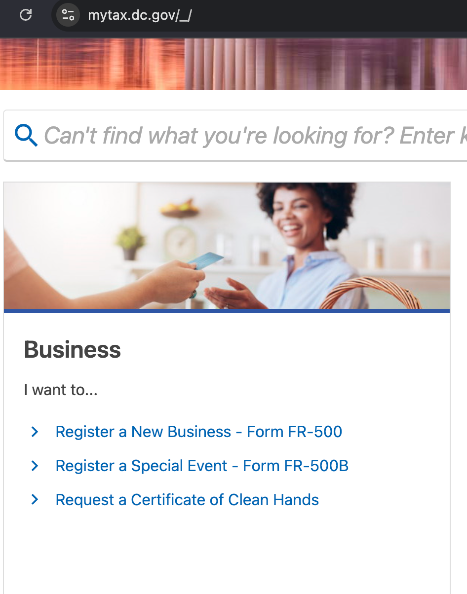 MyTax.DC.gov business options including Register a New Business, Form FR-500