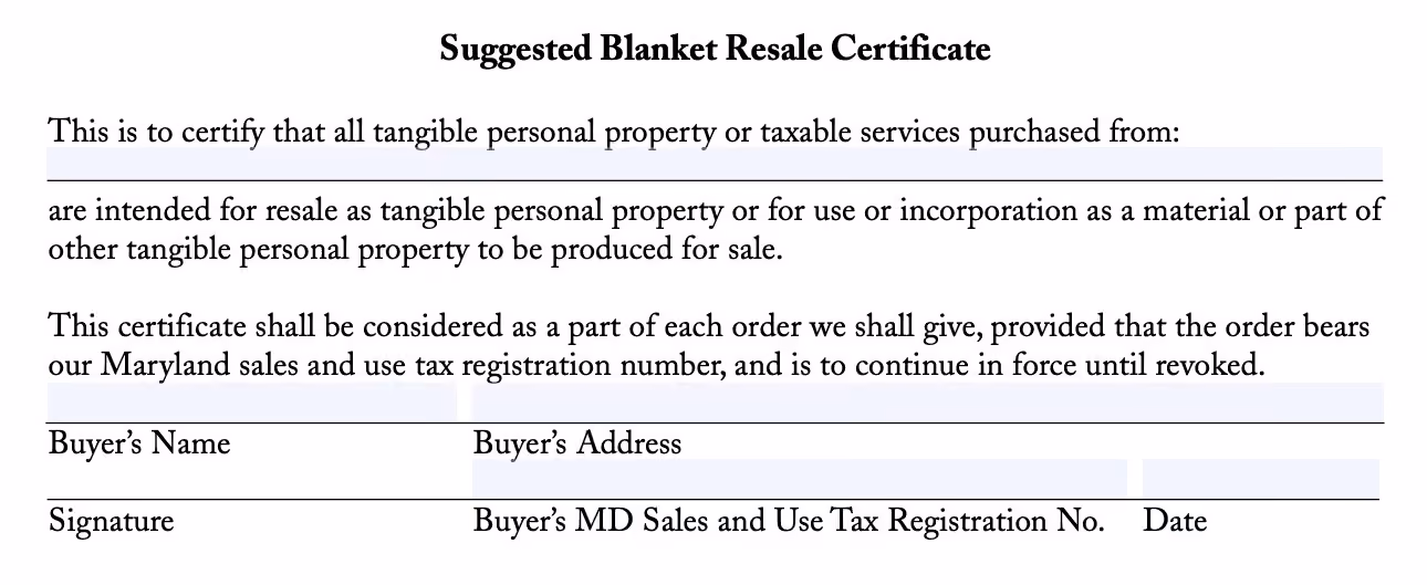 blanket resale certificate example
