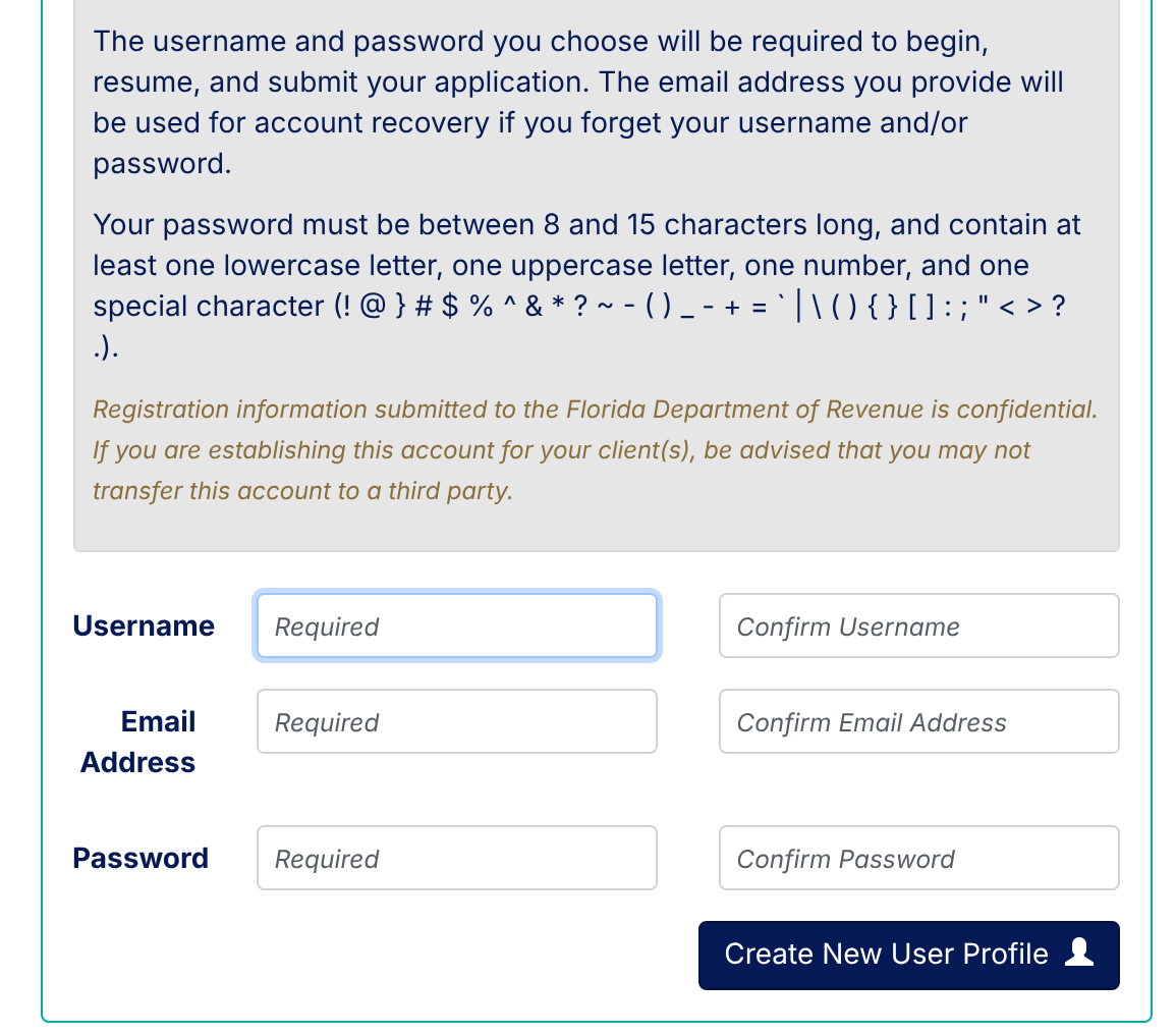 The Create New User Profile screen of the Florida Business Tax Application, with Username, Email Address, and Password fields and the Create New User Profile button