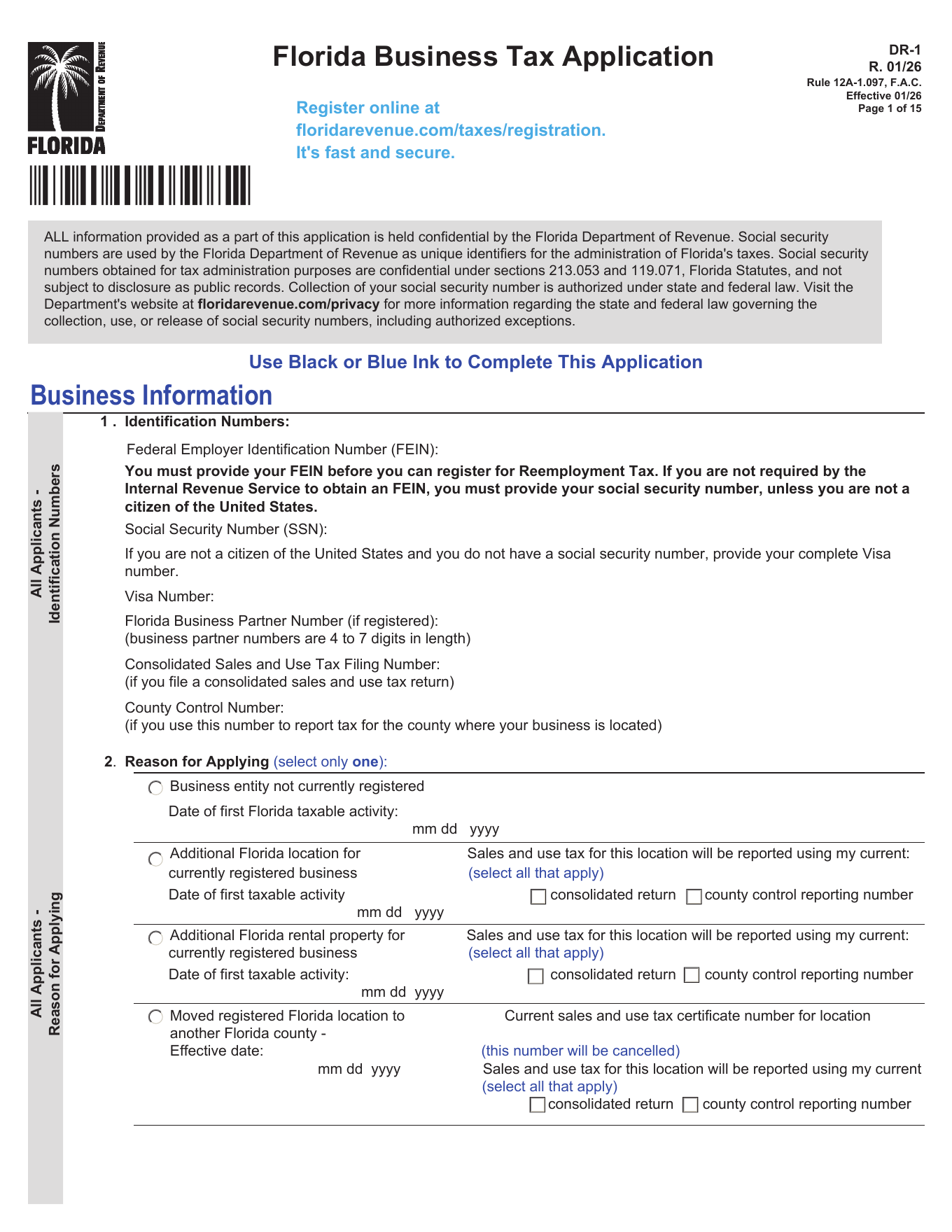 Page 1 of Florida Form DR-1, Florida Business Tax Application, with the Identification Numbers and Reason for Applying sections