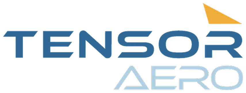 Tensor Aero Schriftzug mit blauen Buchstaben und orangem Dreieck oben rechts.