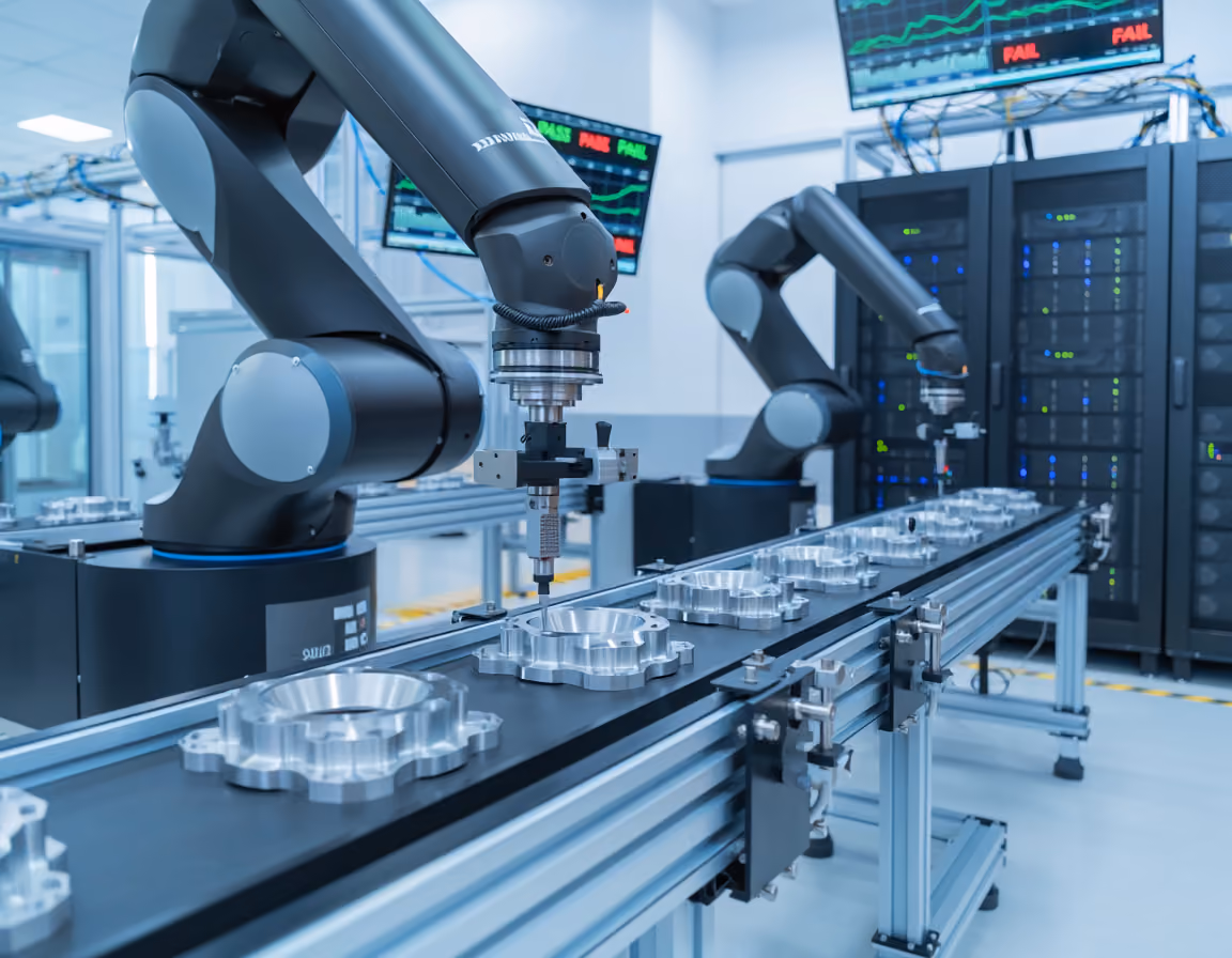 Industrieroboter an einer Fertigungslinie prüfen Metallteile auf einem Förderband in einem Werk.