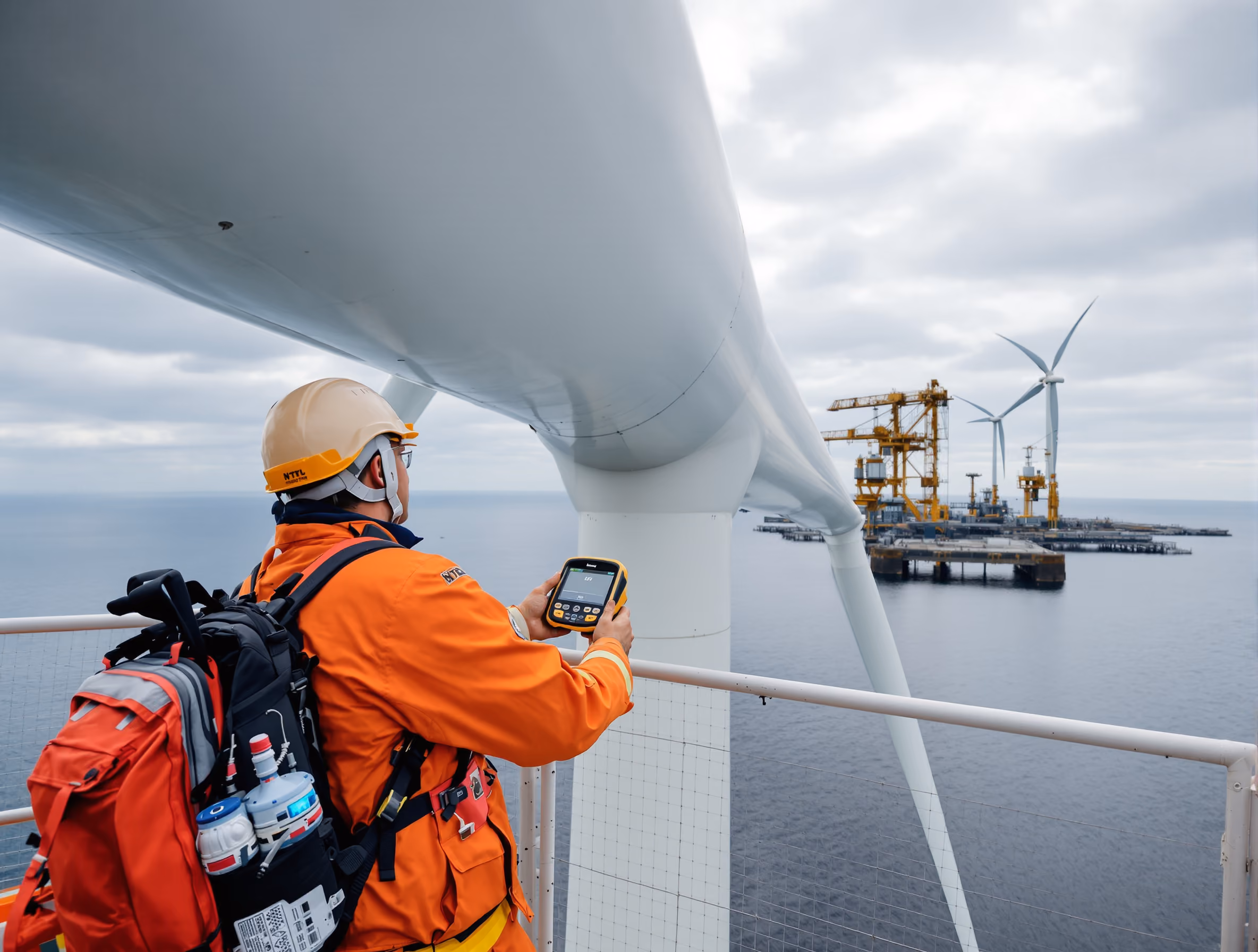 Techniker in orangener Schutzkleidung kontrolliert Windturbine auf Offshore-Plattform im Meer.
