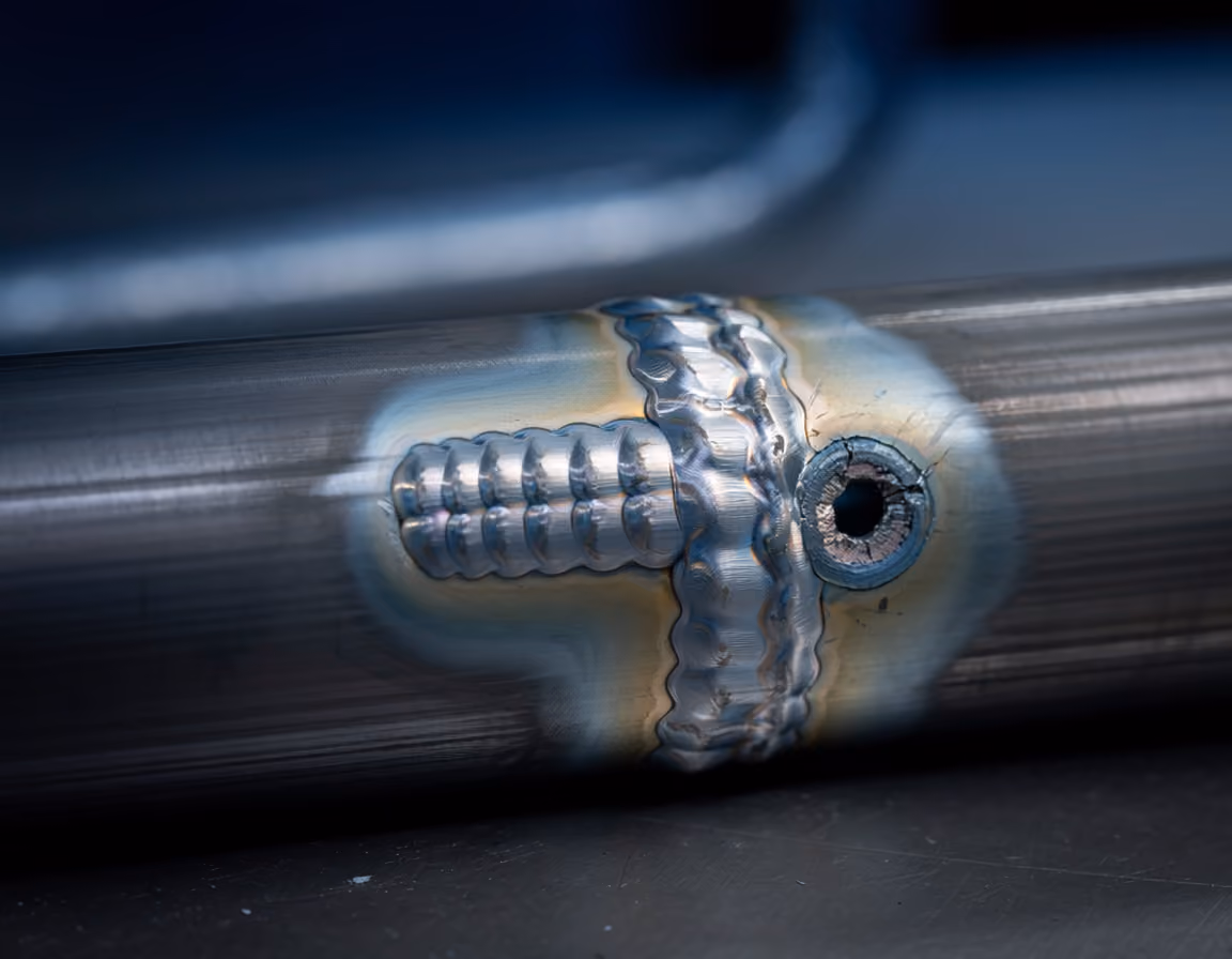 Nahaufnahme einer Schweißnaht an einem Metallrohr mit markanten Lötstellen und Bohrloch.