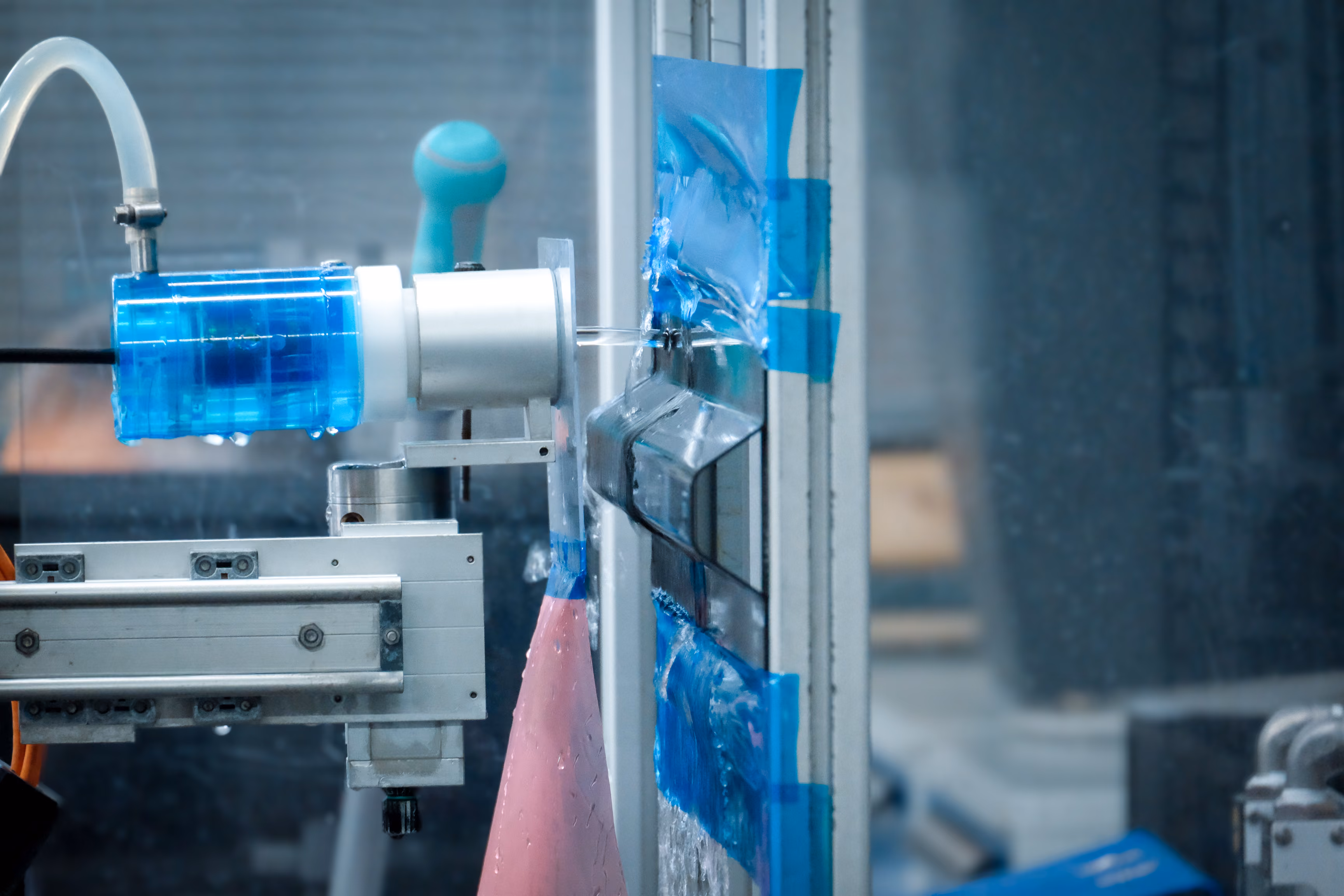 Ultraschall-Prüfkopf mit Wasservorlauf bei der Plattenprüfung in einer industriellen Testumgebung.