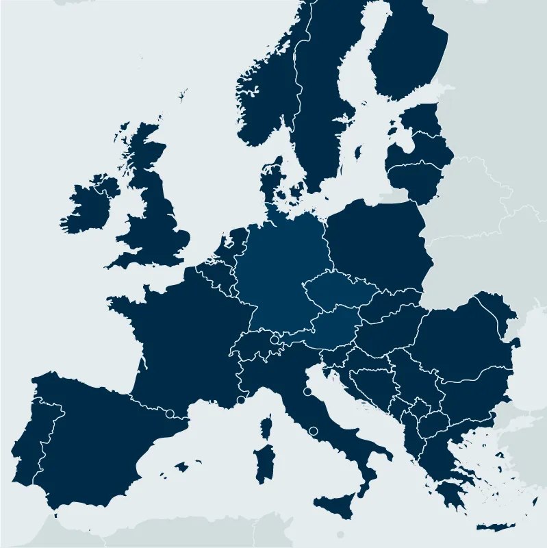 Karte Europas mit hervorgehobenen Ländergrenzen und Umrissen der Länder.