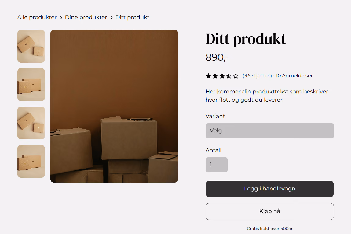 Produktbilde med stablede pappesker foran brunt bakteppe på en netthandelsside.