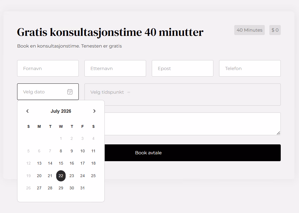 Bestill gratis 40-minutters konsultasjon med skjema for navn, epost, telefon, dato, tidspunkt og en knapp for avtale.