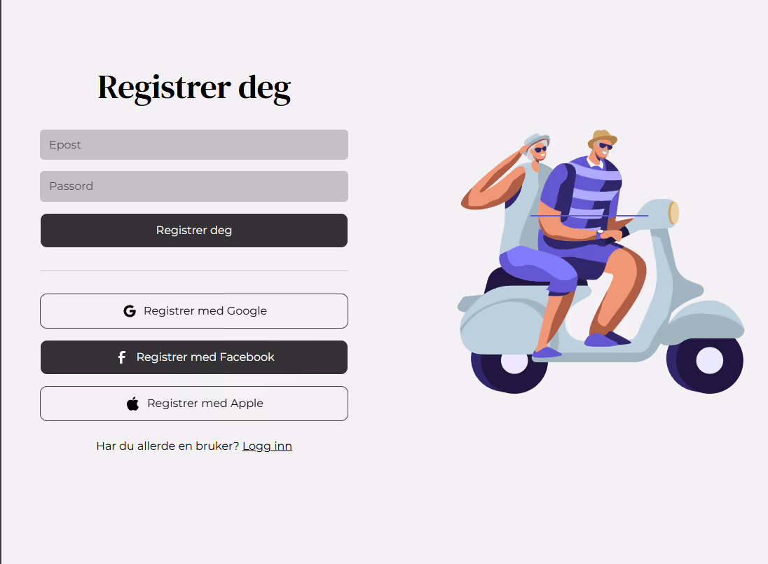 Registreringsskjema med epost, passordfelt, registrerknapp og alternativer for Google, Facebook, eller Apple.