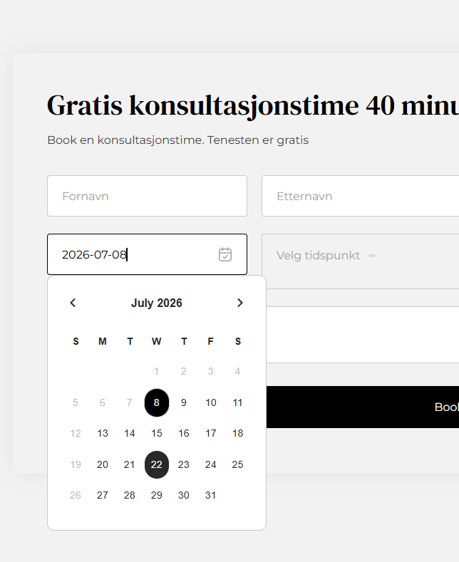 Skjema for gratis 40 minutters konsultasjon med inputfelter for navn, dato og tidspunkt, og en kalender for juli 2026.