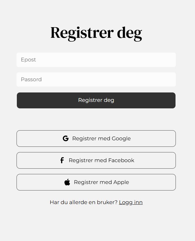 Registreringsskjema med felt for epost og passord, og knapper for Google, Facebook, Apple-pålogging.