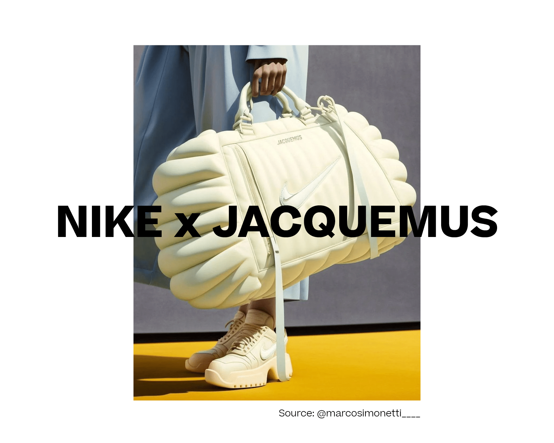 AI-generated concept image of a fictional “Nike x Jacquemus” collaboration: cream quilted duffel bag