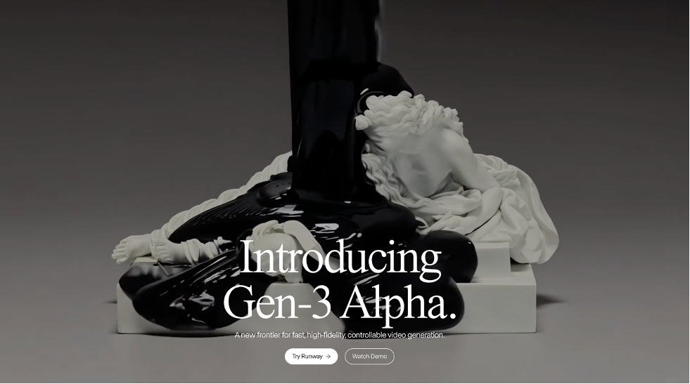 Screenshot of Runway's homepage with a marble bust and the headline “Introducing Gen-3 Alpha”
