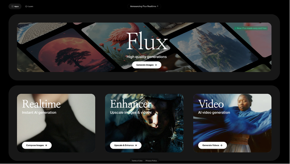 Screenshot of the Krea.ai interface with a Flux banner and the Realtime, Enhancer and Video tiles