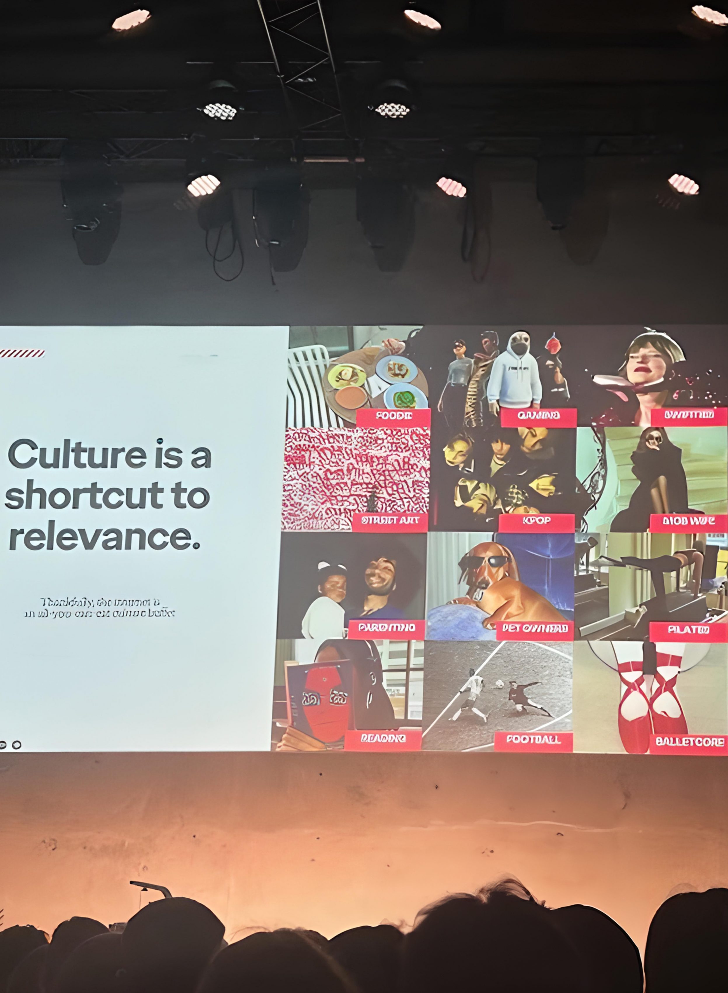 Slide reading “Culture is a shortcut to relevance” with a grid of trend images at StratCon 2024