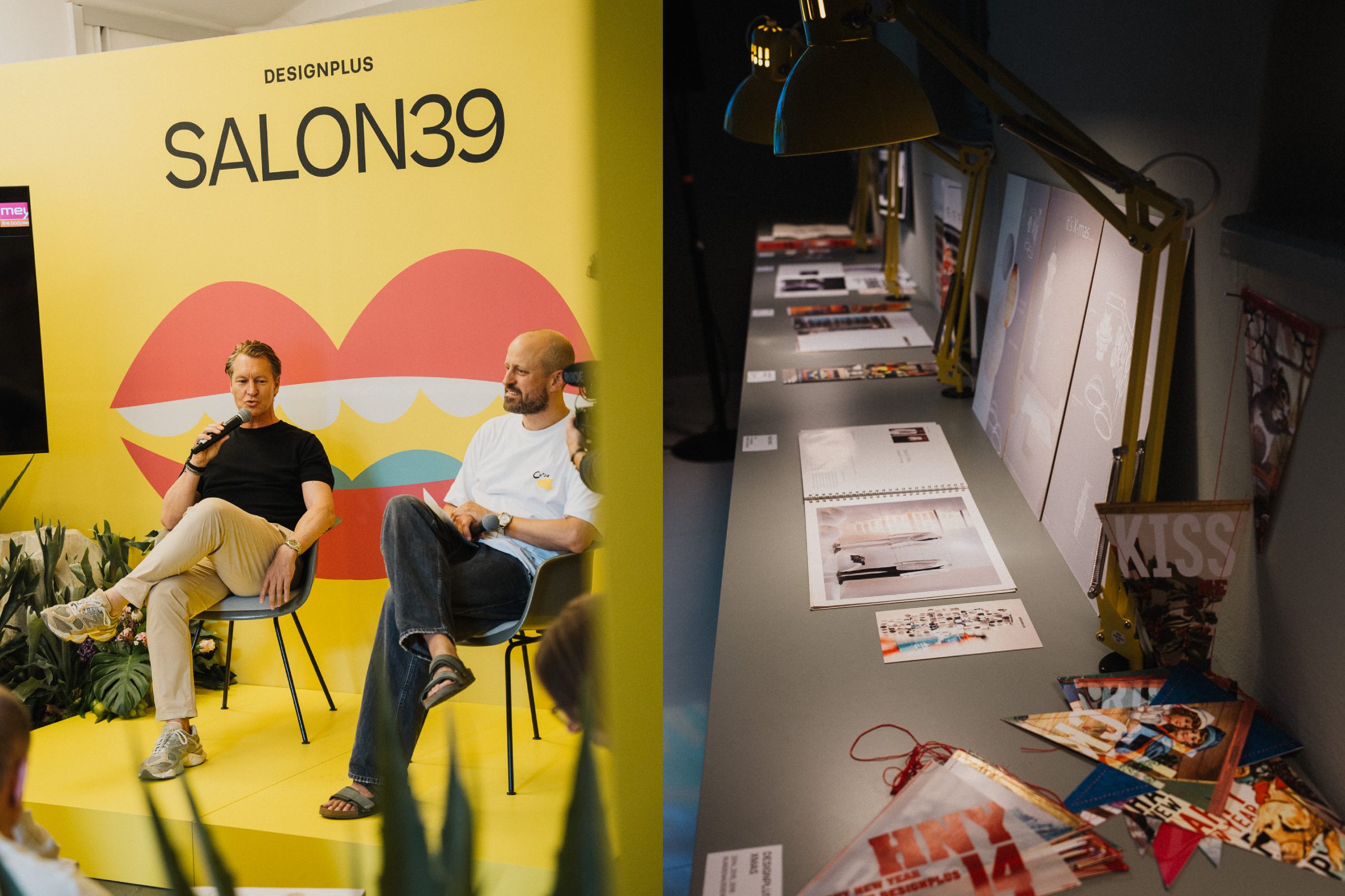 Zwei Männer im Talk auf der SALON39-Bühne, daneben Poster und Magazine unter Tischlampen