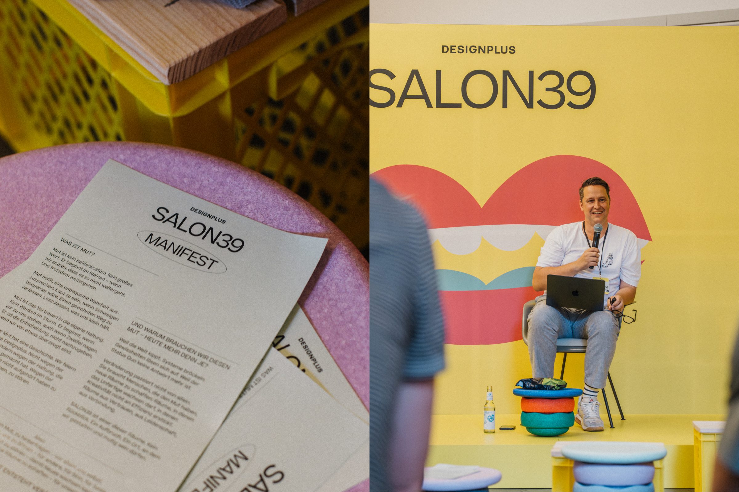 SALON39-Manifest-Flyer auf rosa Hocker, daneben Speaker mit Laptop auf bunten Hockern